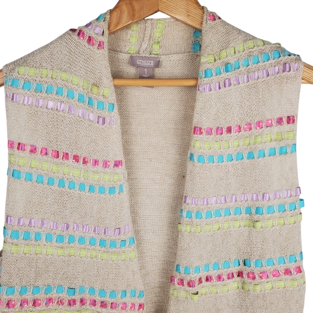 Chico's Multicolor Fringe Cardigan Vest. MED (Chico's 1). 0140 - Picture 2 of 8